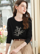 I BELIEVE YOU Women's Long Sleeved T-shirt 2025 Autumn Fashion Black Embroidered Nail Bead Casual Tops Woman Clothes 2253016106