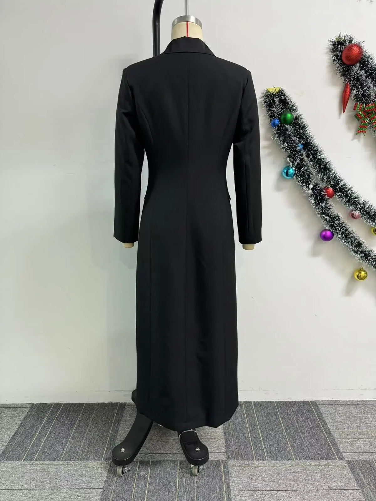 CM.YAYA Fashion Women OL Work Double Breasted Notched Long Sleeve Maxi Dress Spring Sexy Night Elegant Party Street Long Dresses
