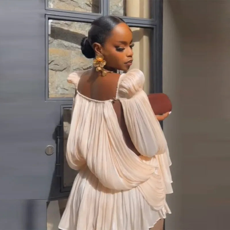 Sexy Trendy Beige Mesh Fold Irregular Dress Women Chic Square Collar Flared Sleeve Pleat Hollow Out Gown Summer Club Party Wear