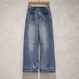 Maden Women's Vintage Low Waist Denim Jeans Heavyweight Washed Casual Long Pants with YKK Zipper for Spring and Autumn