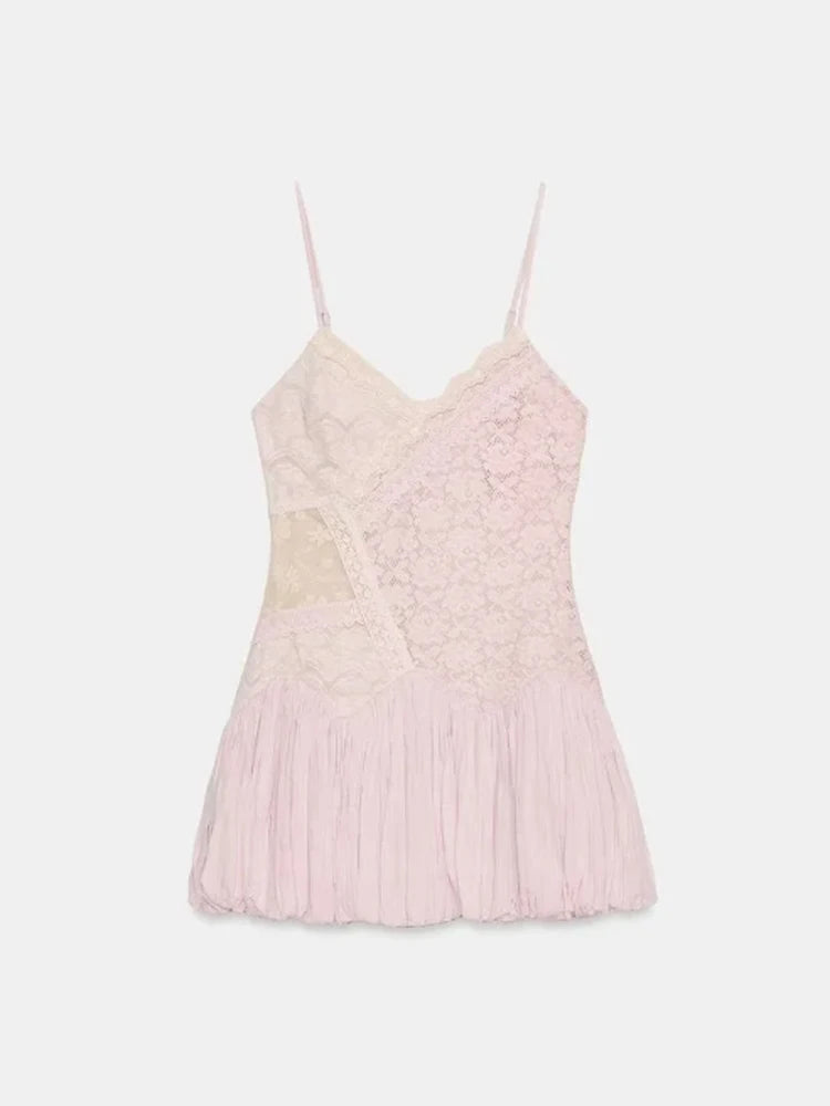 Women Pink Color Block Lace Spaghetti Strap Mini Dress Sweet Deep V Sleeveless Bubble Hem Dresses 2026 Daily Dating Casual Gown