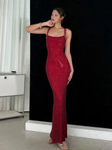 Sexy Square Collar Mesh Patchwork Diamonds Long Dress Women Backless Shiny Rhinestone Slim Dresses Evening Party Cocktail Gowns