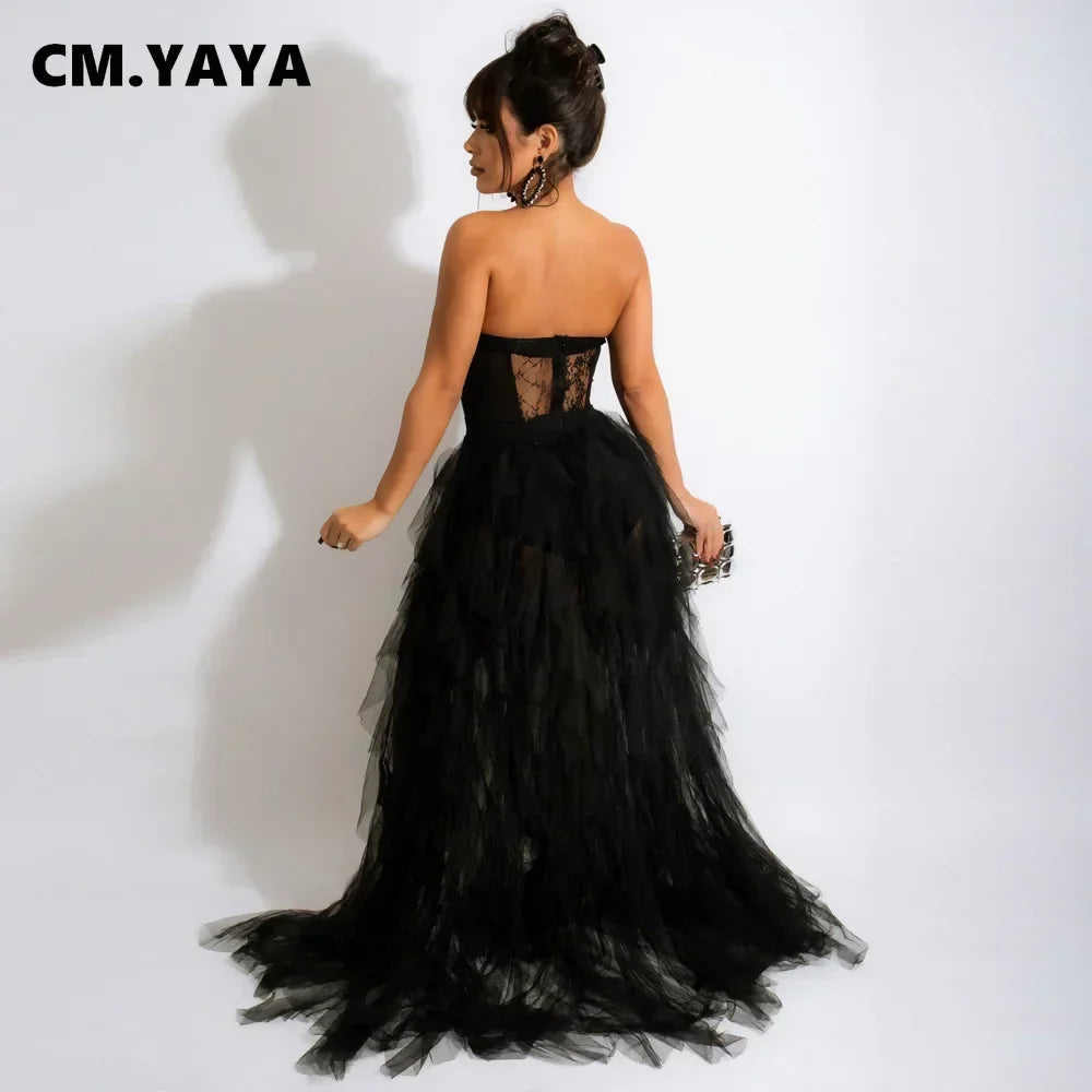 CM.YAYA Women Mesh See Though Lace Patchwork Cascading Ruffles High Side Split Bodycon Maxi Dress Sexy Night Party Long Dresses
