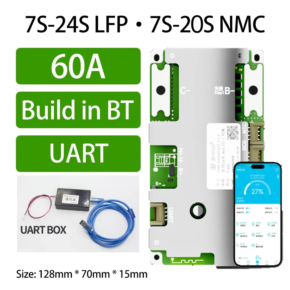 JBD BMS 7S-24S Built-in Bluetooth Smart BMS 8S 24V 10S 36V 16S 48V 60V 20S 24S 72V 40A 50A 60A 80A LFP NMC Bms For Electric Bike