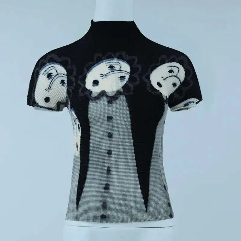 LANMREM niche printting short sleeve pleated t-shirt tee for famle 2025 summer new trend stretch Turtleneck tops women YJ782