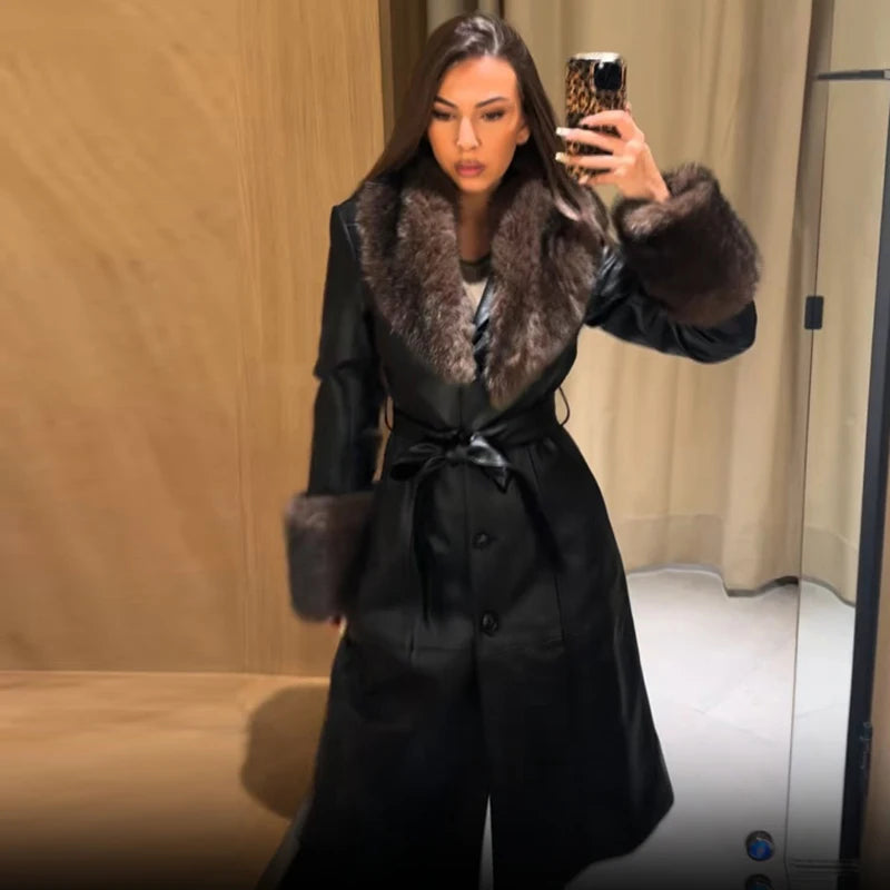 Women Long Coat Faux Fur Collar Cuffs Belted Waist Elegant Winter Outerwear Single Breasted Maxi Overcoat For Women Streetwear