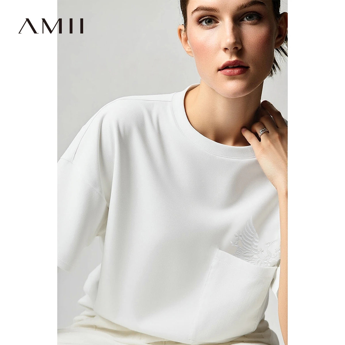 Amii Short Sleeve Tee 2026 Summer New Embroidered Round Neck Drop Shoulder Women's T-Shirt Casual Versatile Top Female 12652006
