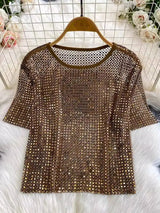 SHENGPALAE 2026 New Autumn Fashion Women Clothing Round Neck Short Sleeves Mesh Hollow Out Pullover T-shirt