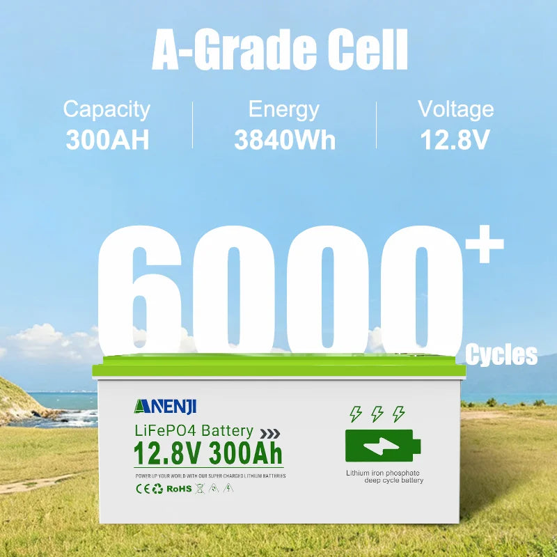 ANENJI 24V 100AH 12.8V 300AH LiFePO4 Battery Deep 6000+ Cycles BMS Lithium Iron Phosphate Battery Solar Energy Lithium Bateria Pack Batteries For RV Inverter Solar Panel