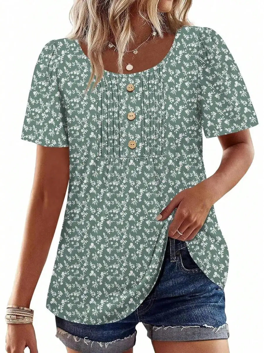 Womens Casual Short Sleeve Top With Snowflake Print Front Button Pleated Design