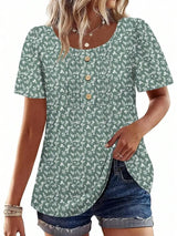 Womens Casual Short Sleeve Top With Snowflake Print Front Button Pleated Design