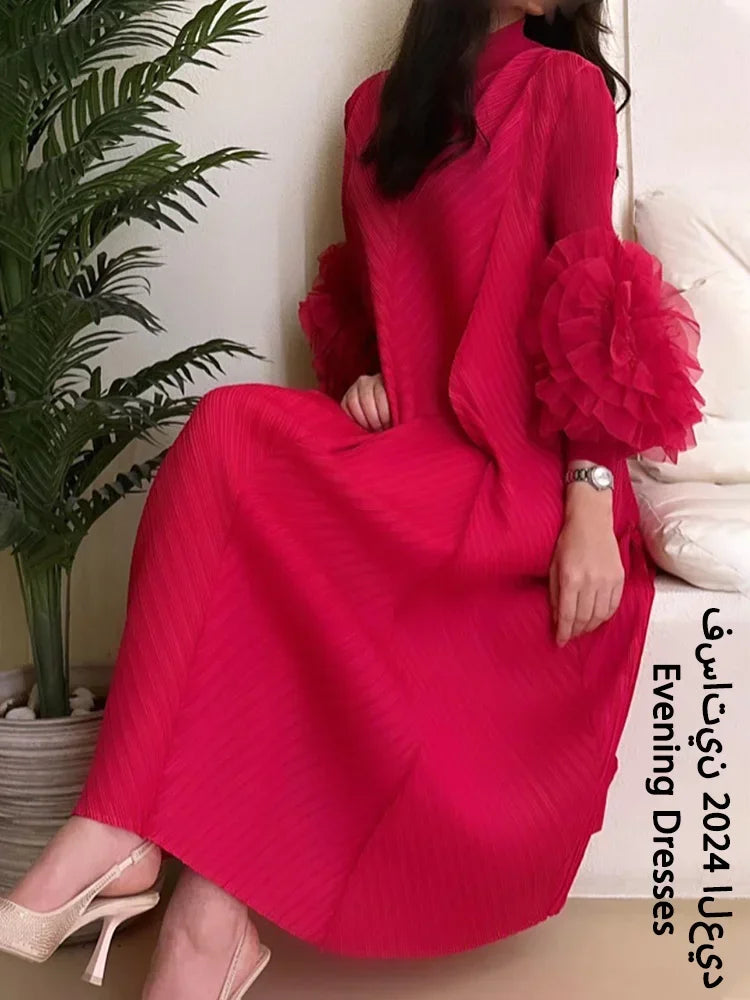 YUDX Luxury Purple Miyake Pleated High Neck Maxi Evening Dress, Ruffle Sleeve Women's Wedding Guest Ramadan Party Dress 2026 New