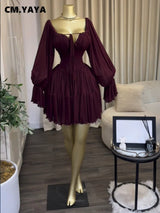 CM.YAYA Women Flare Long Sleeve Strapless Halter Pleated Mini Dress 2026 Fall Street Holiday Ruched Tiered Party Evening Dresses