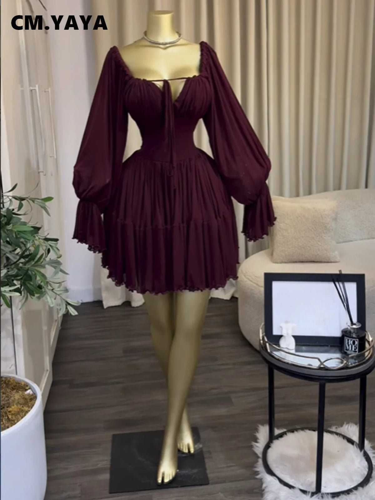 CM.YAYA Women Flare Long Sleeve Strapless Halter Pleated Mini Dress 2026 Fall Street Holiday Ruched Tiered Party Evening Dresses