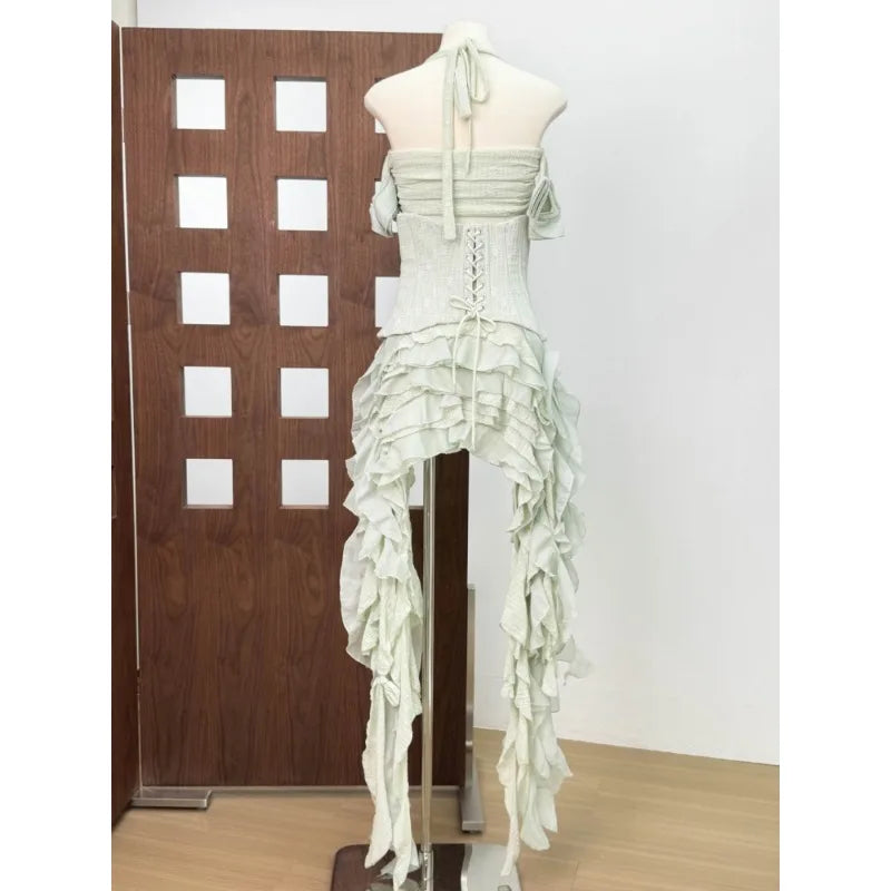 Women Sexy Short Dress Three Piece Sets Sexy Halter Neck Folds Ruffled Dress+Lace-up Corset Top+Shorts Suits Party Cocktail