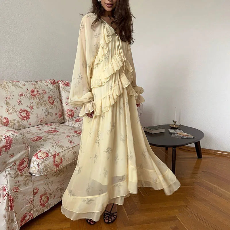 Elegant Printed Cascading Ruffles Long Dress Women Lace Up V-neck Full Sleeve A-line Dresses 2026 Early Spring High Street Robes