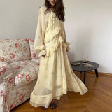 Elegant Printed Cascading Ruffles Long Dress Women Lace Up V-neck Full Sleeve A-line Dresses 2026 Early Spring High Street Robes