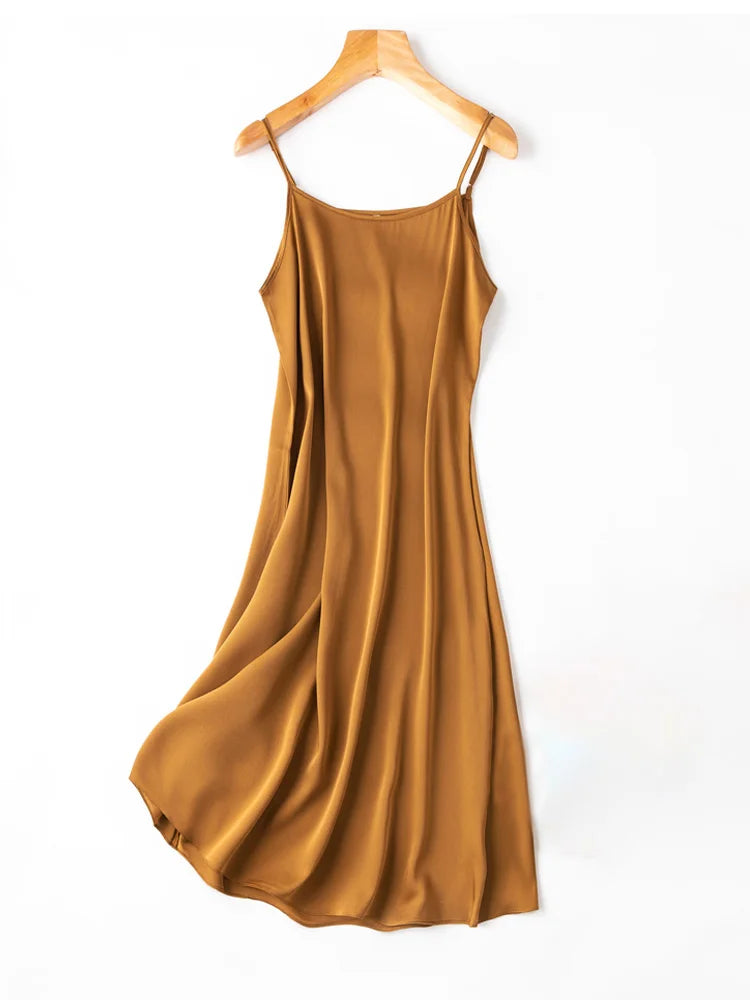 SuyaDream Women Silk Dress 93%Silk 7%Spandex Spaghetti Strap Mid Dresses 2024 Summer New Clothes Blue