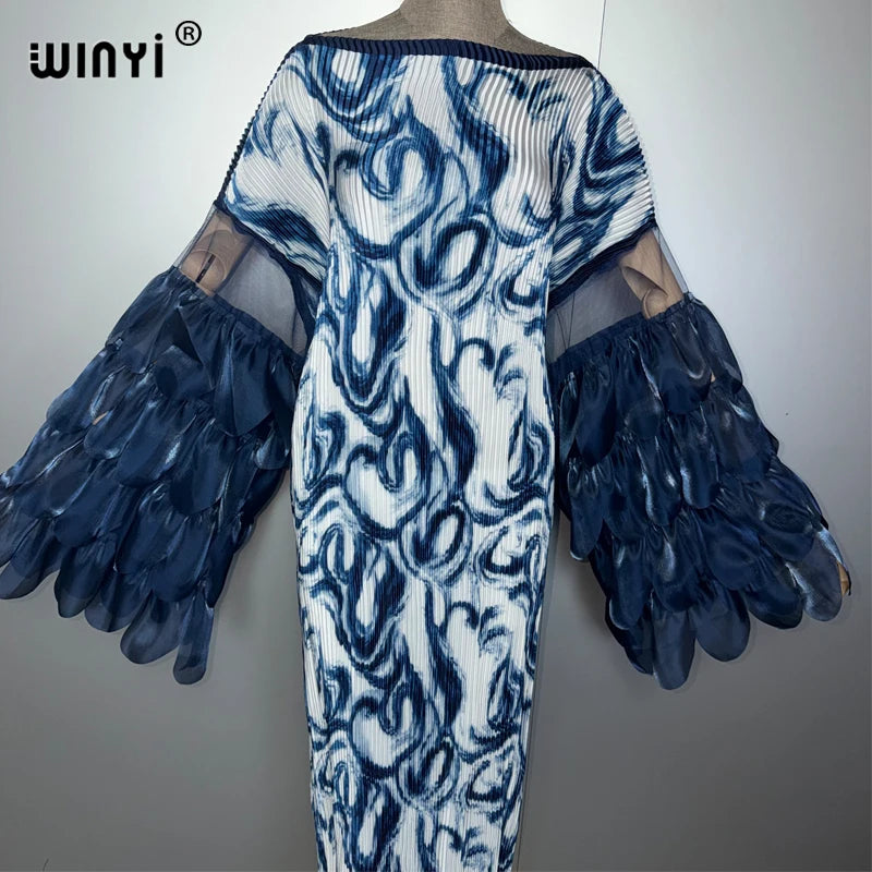 WINYI Elastic Slim Pleated Dress Beach Wear Holiday Kaftan Abaya Dubai Luxury Party Dress Long Down Muslim Woman Evening Dress