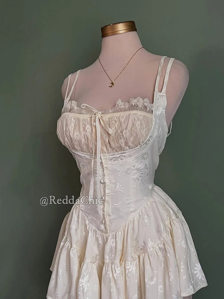 REDDACHiC Medieval Retro Satin Mini Dress & Lace Shorts Coquette Floral Corset Camisole Rompers Date Party Summer Women Clothes