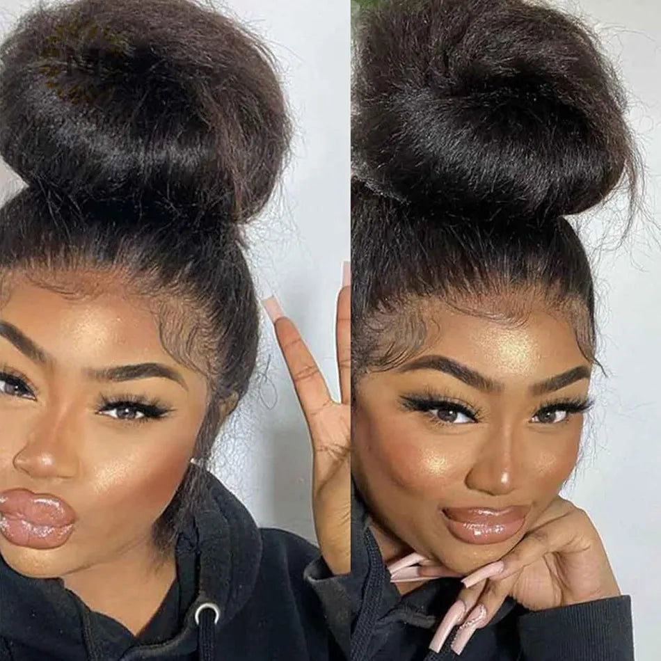 Kinky Straight Human Hair Wigs 360 Lace Front Wig Invisible Strap HD Pre