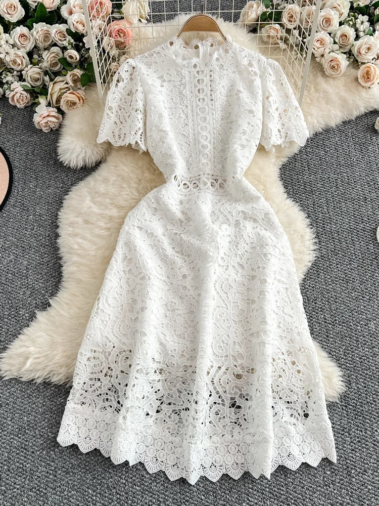 Slimming ort Sve Hollow out Waist-Cinched Hook-Design Dres Women's Faionable New Arrival Spring Summer Korean Sle