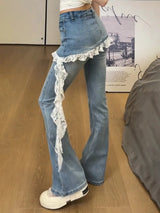 Fake Two Lace Splicing Flared Jeans for Women's Early Autumn 2025 New Style High Waist Denim Pants