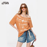 ELFSACK Orange Off Shoulder T-shirt, Loose Graffiti Print V-neck Tee, Casual Y2K Letter Graphic Top for Women