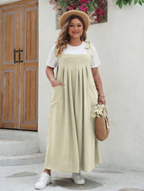GIBSIE Plus Size Solid Tie Shoulder Overalls Dress For Women 2026 Summer Casual Loose Sleeveless Maxi Long Dresses with Pockets