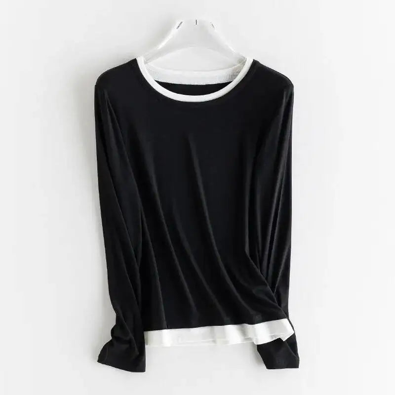 Women Fake Two-Piece T-shirt Spring Summer 6%Silk Round Neck Long Sleeve Basic T-Shirts Tops