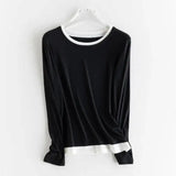 Women Fake Two-Piece T-shirt Spring Summer 6%Silk Round Neck Long Sleeve Basic T-Shirts Tops