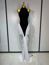 Patchwork Sleeveless Maxi Long Dress Women Fashion Contrast Color Ruched Bodycon Fancy Club Evening Party Birthday Long Dresses