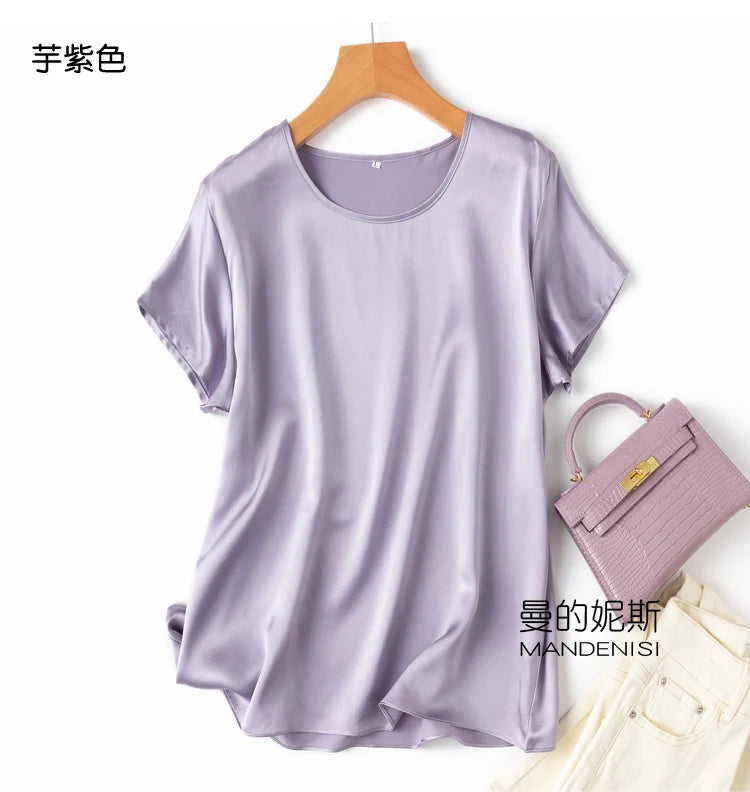 Benefits! Flowing Gem Series Basic Style Versatile Round Neck 100% Mulberry Silk Short Sleeve Silk Satin T-Shirt Top