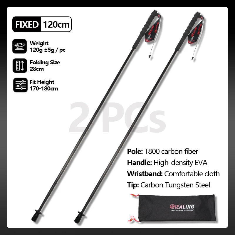 Local+ 2PCs Carbon Fiber Foldable 5-Sections Ultra-Light 110g Trekking Poles Walking Cane, 110/120/130cm Fixed Length Hiking Sticks for Outdoor Camping, City Running, Travel, Men Women Lightweight Portable Gear Caron Fiber Black Tech