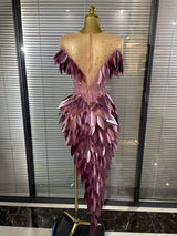Purple Color Women Sexy 3D Acrylic Leaves Mesh High Stretch Bodycon Long Dress Evening Party Celebrate Birthday Photoshoot Wear