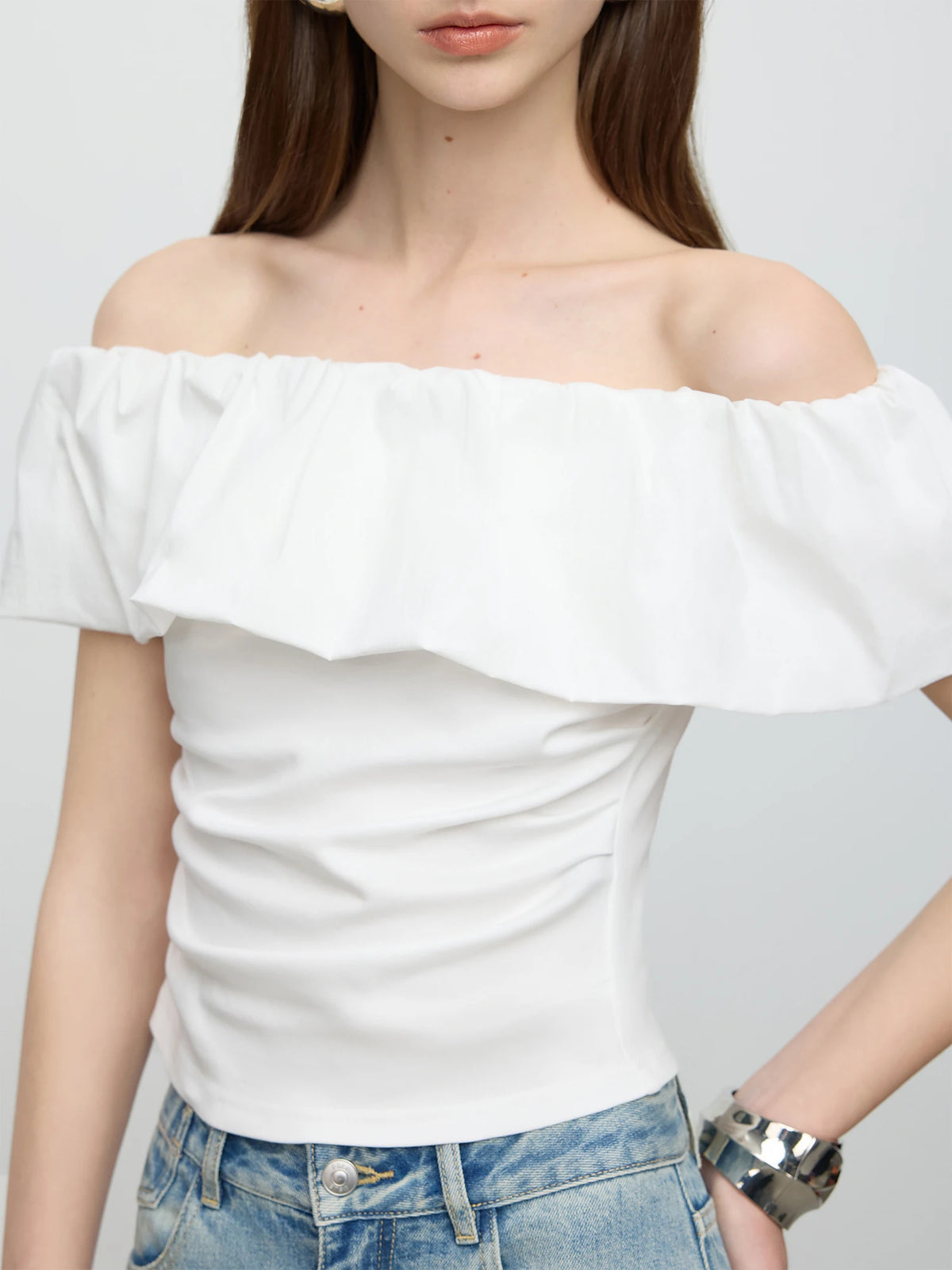FSLE【Premium Series】 One-shoulder Pleated Patchwork T-shirt Exquisite Temperament Slim Top 25FE12072