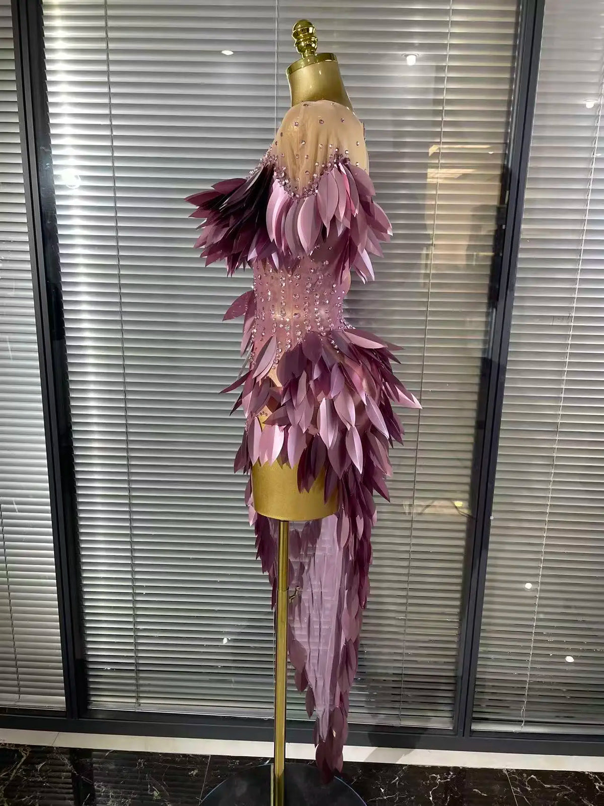 Purple Color Women Sexy 3D Acrylic Leaves Mesh High Stretch Bodycon Long Dress Evening Party Celebrate Birthday Photoshoot Wear