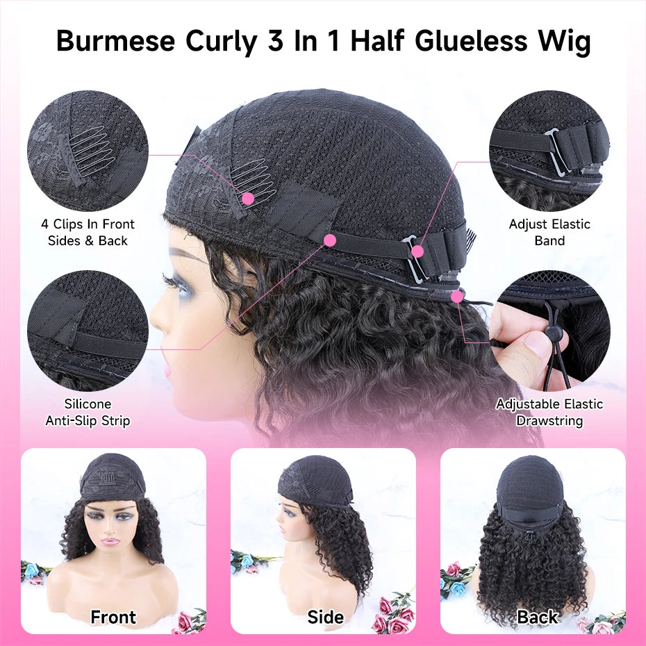 250 Density Kinky Curly Half Wig Double Drawn Invisible Drawstring Machine Made Wigs Human Hair Invisible Hairline Half Wig Natural Colored Ponytail Ready To Wear Vietnamese Human Hair Wig 18 20 22 24 26 Inch Free Shipping