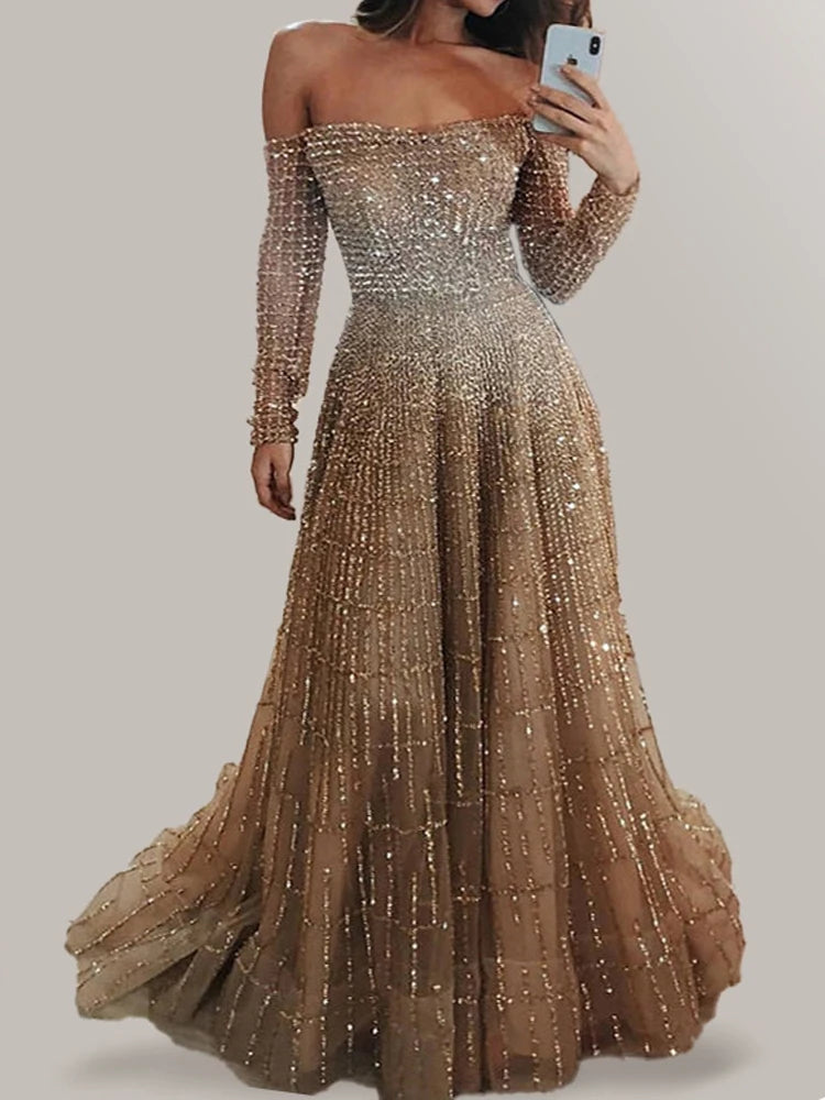 Women's Fashion Hight Waist Slim Long Dress Casual Long Sleeve Solid Party Dress Elegant Strapless Shiny Sequins Evening Dress