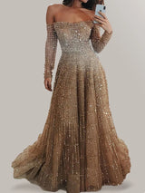 Women's Fashion Hight Waist Slim Long Dress Casual Long Sleeve Solid Party Dress Elegant Strapless Shiny Sequins Evening Dress