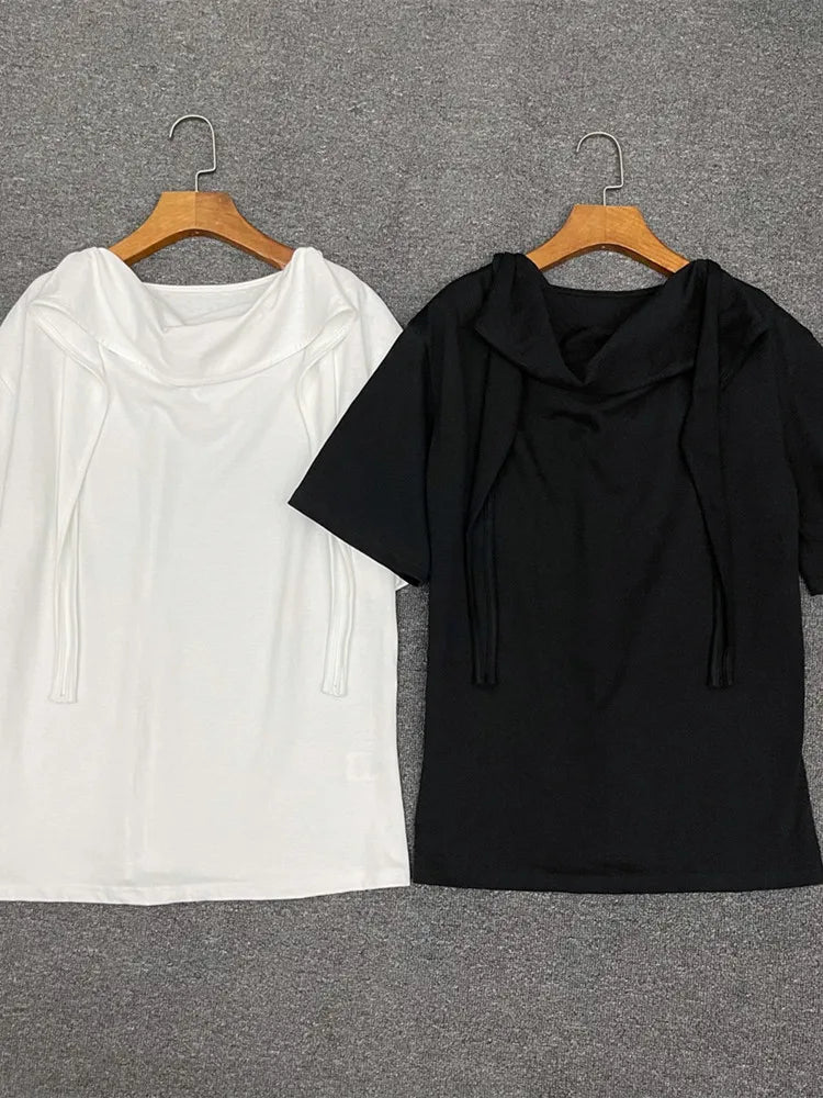 Women's Scarf Collar T-Shirt Short Sleeve Casual 288 Top Lady Loose Simple Tee Tops