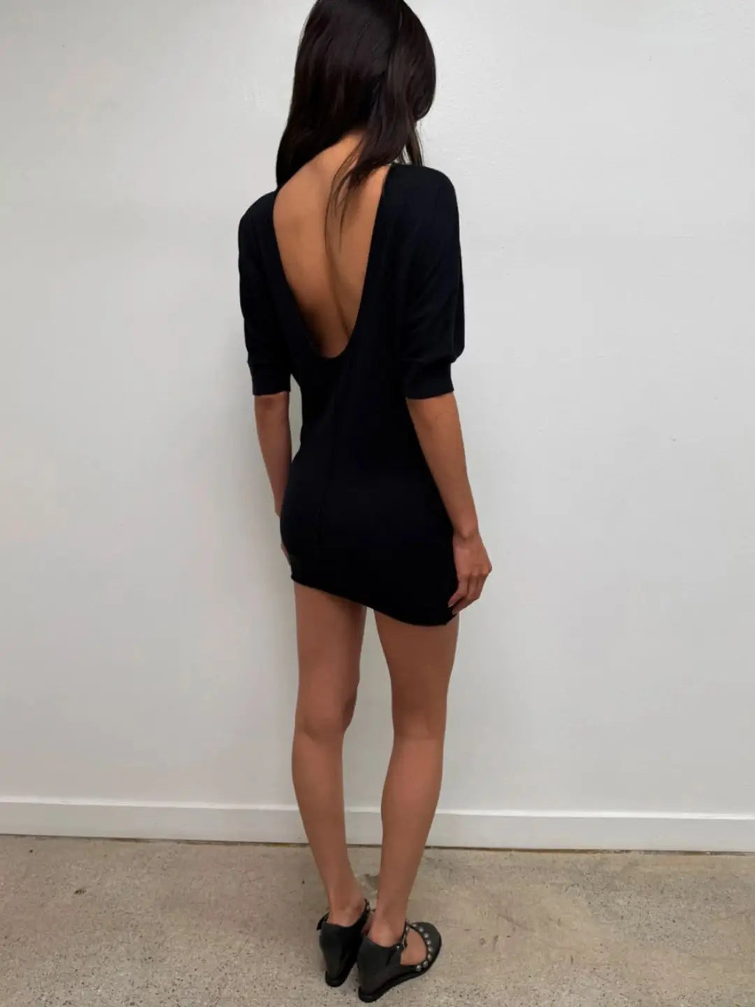 Tank Purple Black Deep V-Neck Knitted Top Can Be Worn in Both Front and Back, With Mid Sleeves and a Long T-Shirt Skirt
