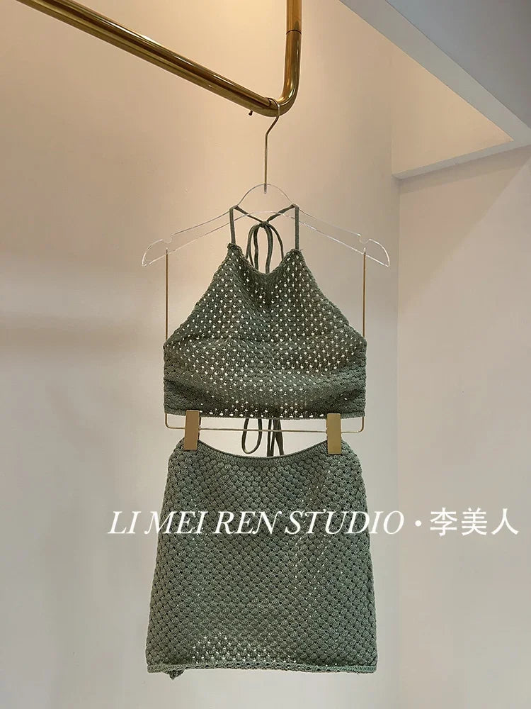 New Green Knitted Hollow Neck Strap Skirt Split Bikini Swimsuit Women's Set