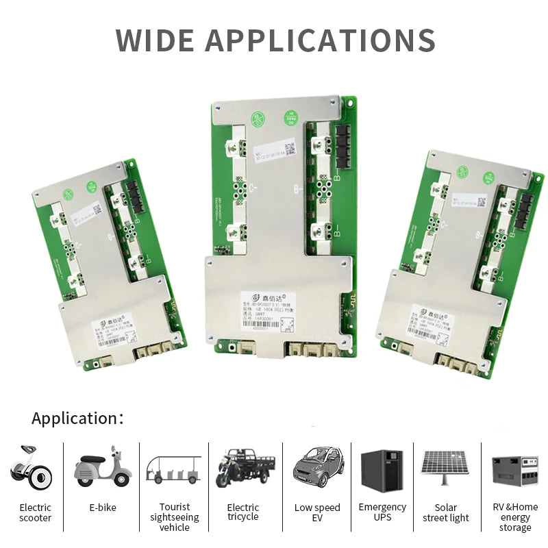 JBD Smart BMS LiFePo4 4S 12V 100A 150A 200A Car Start Power UART Built-in BT Function NMC LFP Battery Balance Protection Board