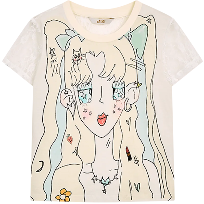 ELFSACK 2025 Summer New Arrival Sweet Cool Y2K Lace Splicing Anime Print Short Sleeve T-Shirt For Women