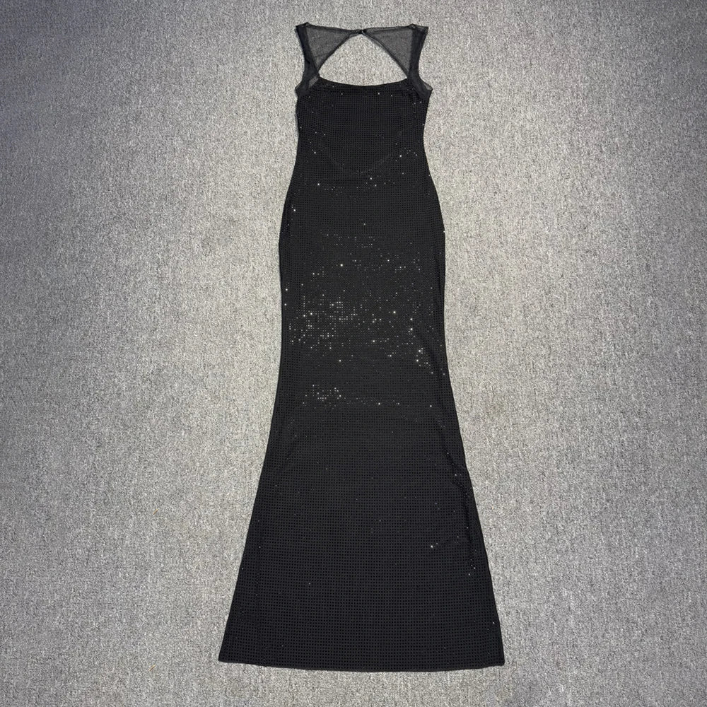 Multi Colours Backless Shiny Rhinestones Mesh Patchwork Long Dress For Women Slim Bodycon Evening Party Cocktail Gowns