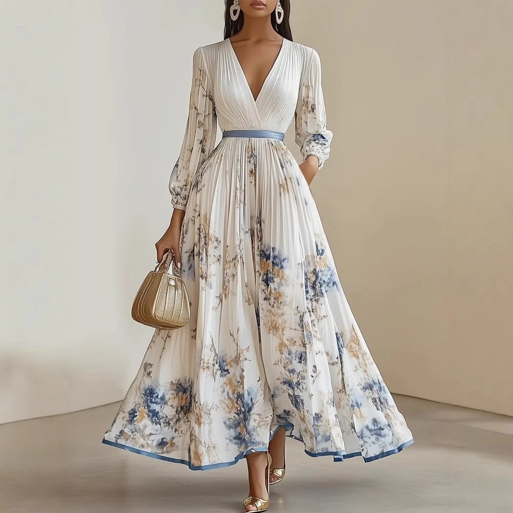 Elegant Long Sleeve Maxi Dress Women 2025 Summer Fashion Slim Floral Print V-neck Long Dresses Casual