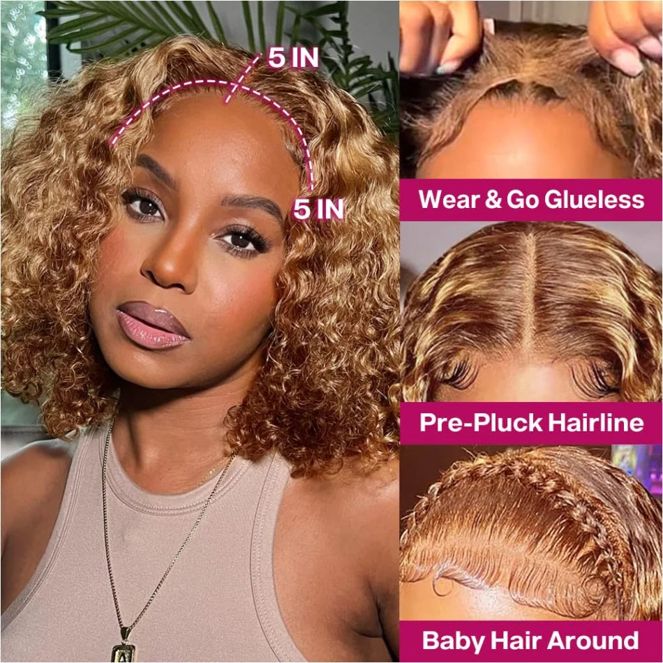 Highlight Ombre Bob Wig Human Hair Curly Short 5X5 Hd Lace Closure Wig