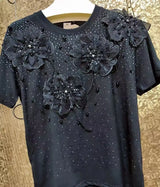 Luxury Beading Flowers Sequined Cotton T-shirt for Women New Trend 2025 Summer O Neck Short Sleeve Black Tops Tees T Shirt Femme