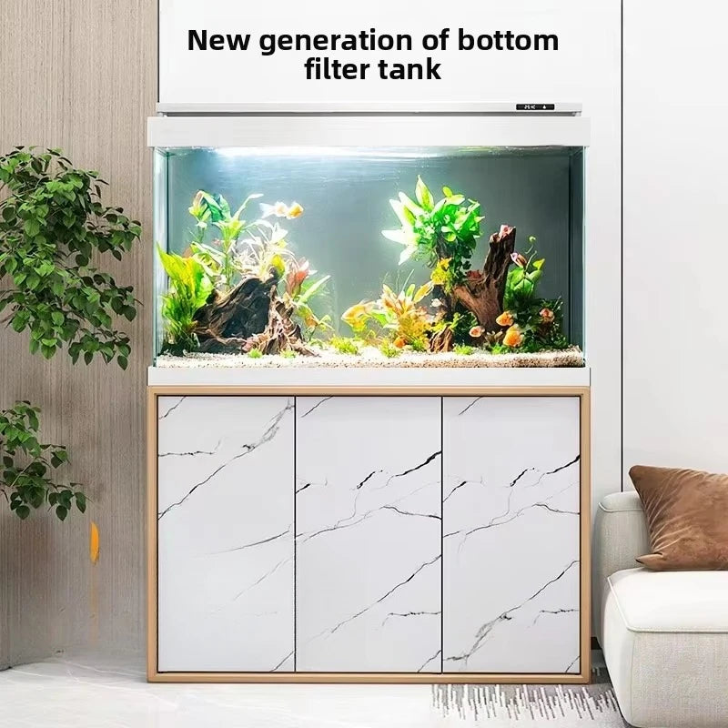 All-in-One AquariumNew Modern Luxury Marble-patterned Ultra-clear Glass Large Cabinet Bottom-filter Fish Tank Smart Aquarium For
